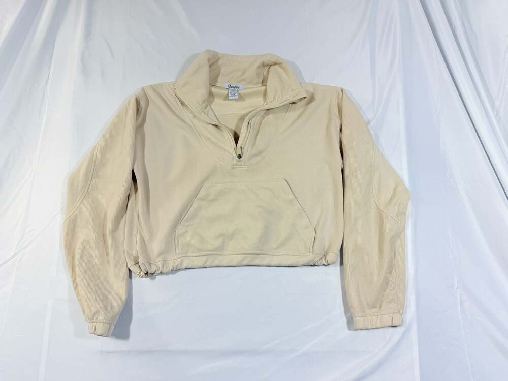 Manifest Offline Ribbed Quarter Zip Cropped Pullover Sweatshirt in Cream